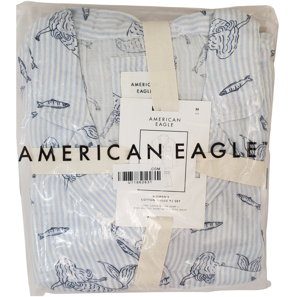 AMERICAN EAGLE Pajama Set Women Long Sleeve Shirt & Shorts Cotton Gauze NWT